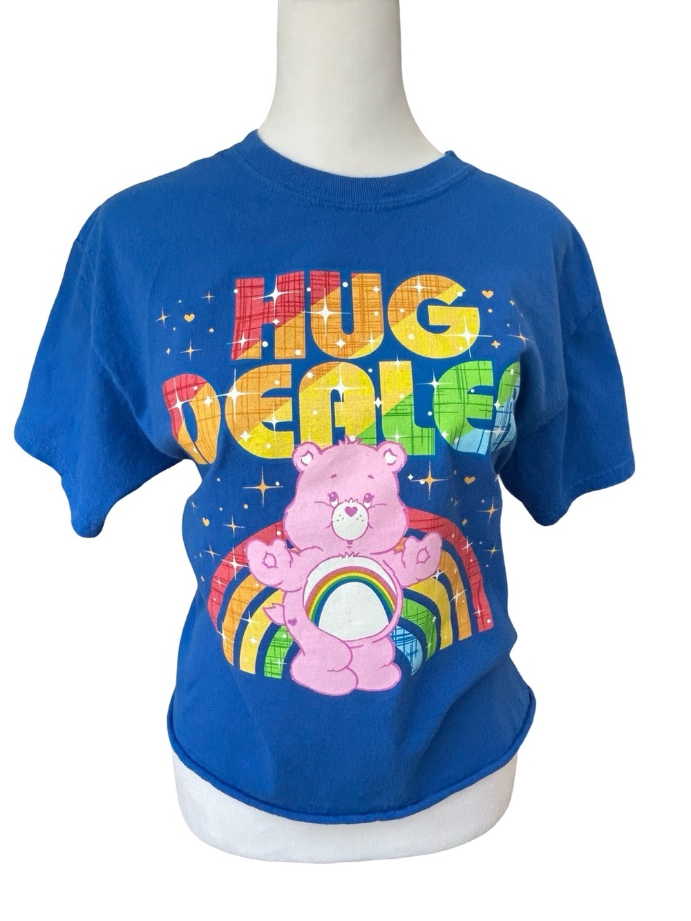 Blue Care Bears “ Hug dealer “ Cheer bear graphic cropped crewneck playful tee S
